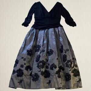 Black floral v neck midi dress ruched 3/4 sleeves, fairy whimsigoth forest nymph